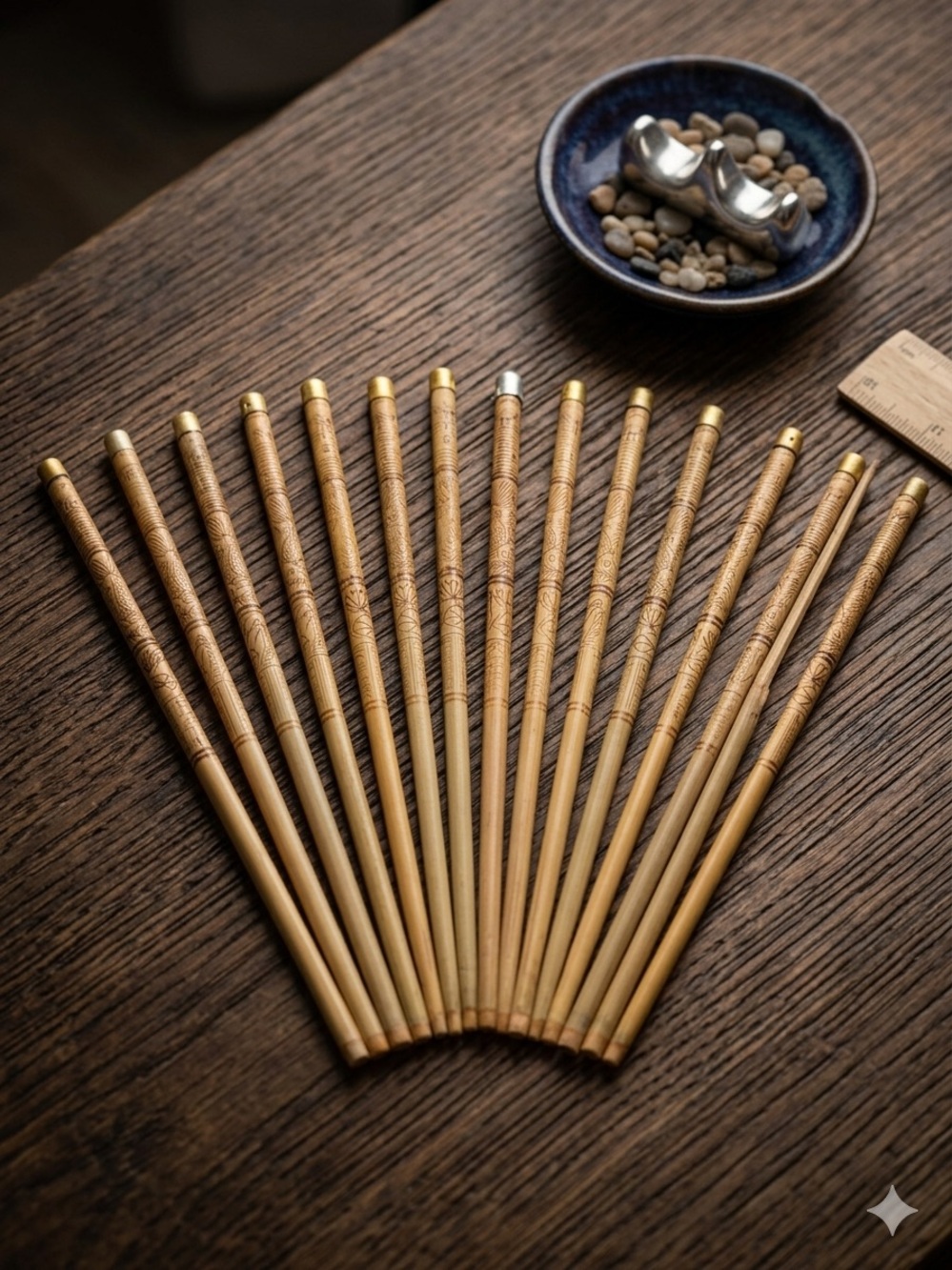16 Vintage Bamboo Chopsticks Set – Detailed Pyrography Fish & Pagoda Motif Art